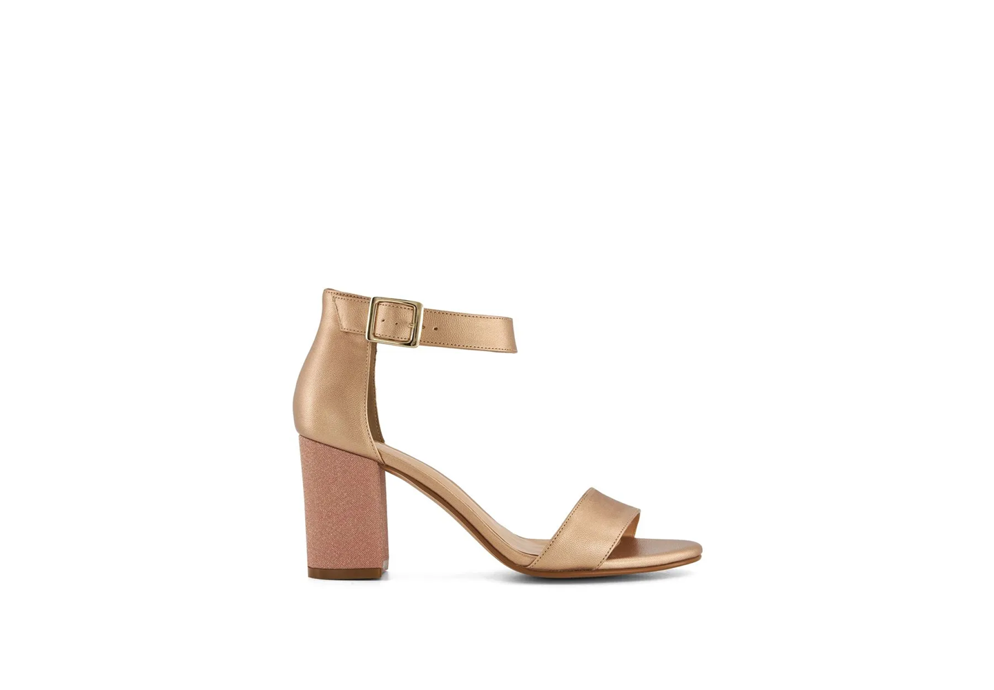 Women's Metallic Champagne Contrast Texture Block Heel Sandals – Ankle Strap Dress Shoes