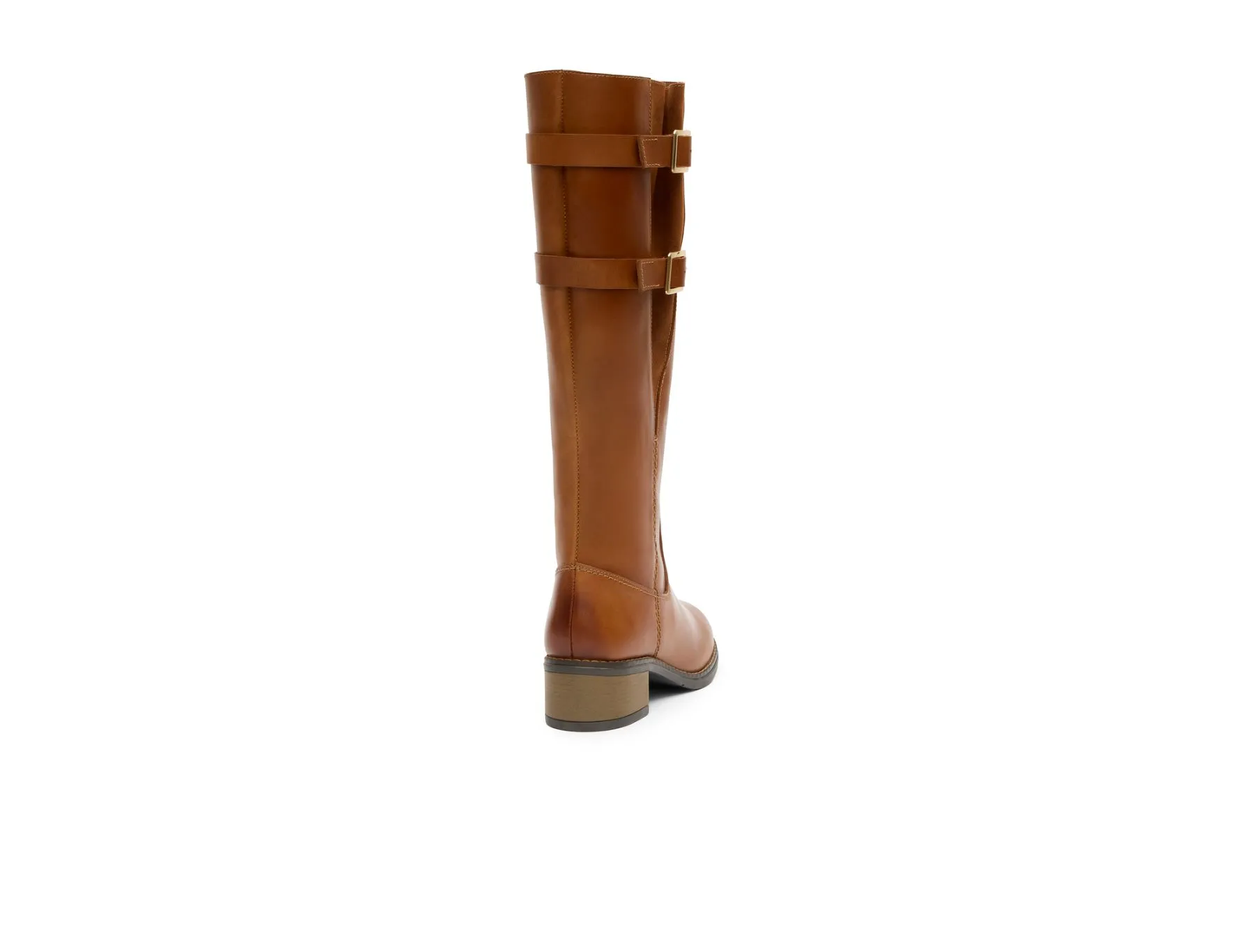Women's Brown Leather Knee-High Boots – Gold Buckle Straps Block Heel Riding Boots