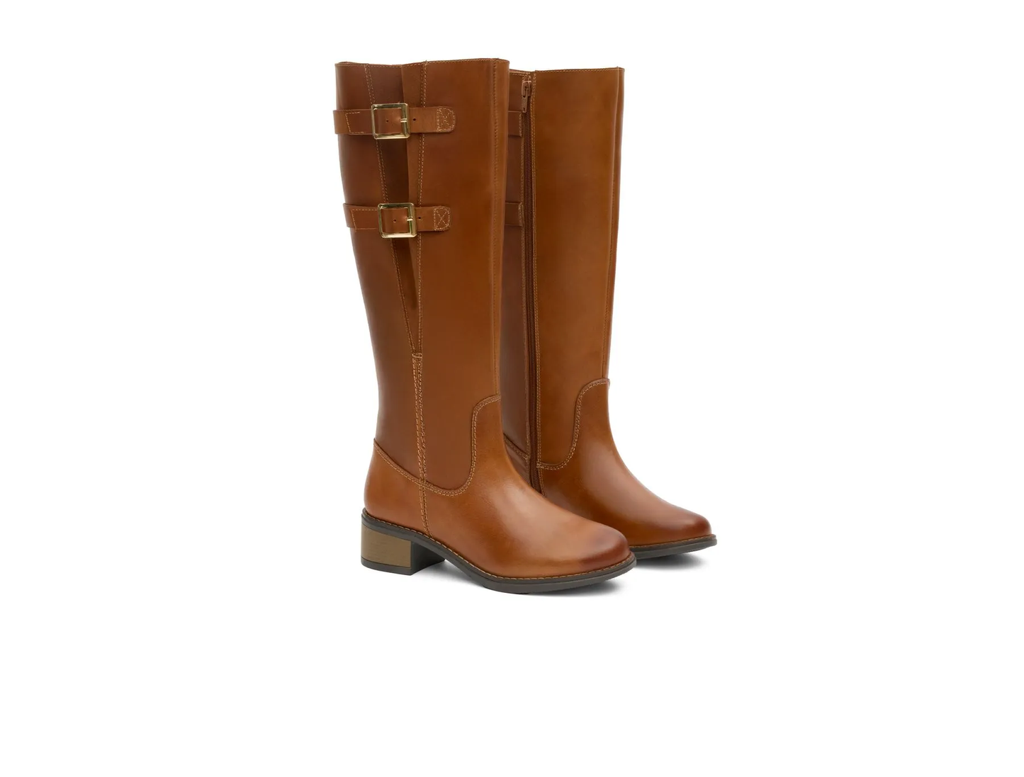 Women's Brown Leather Knee-High Boots – Gold Buckle Straps Block Heel Riding Boots