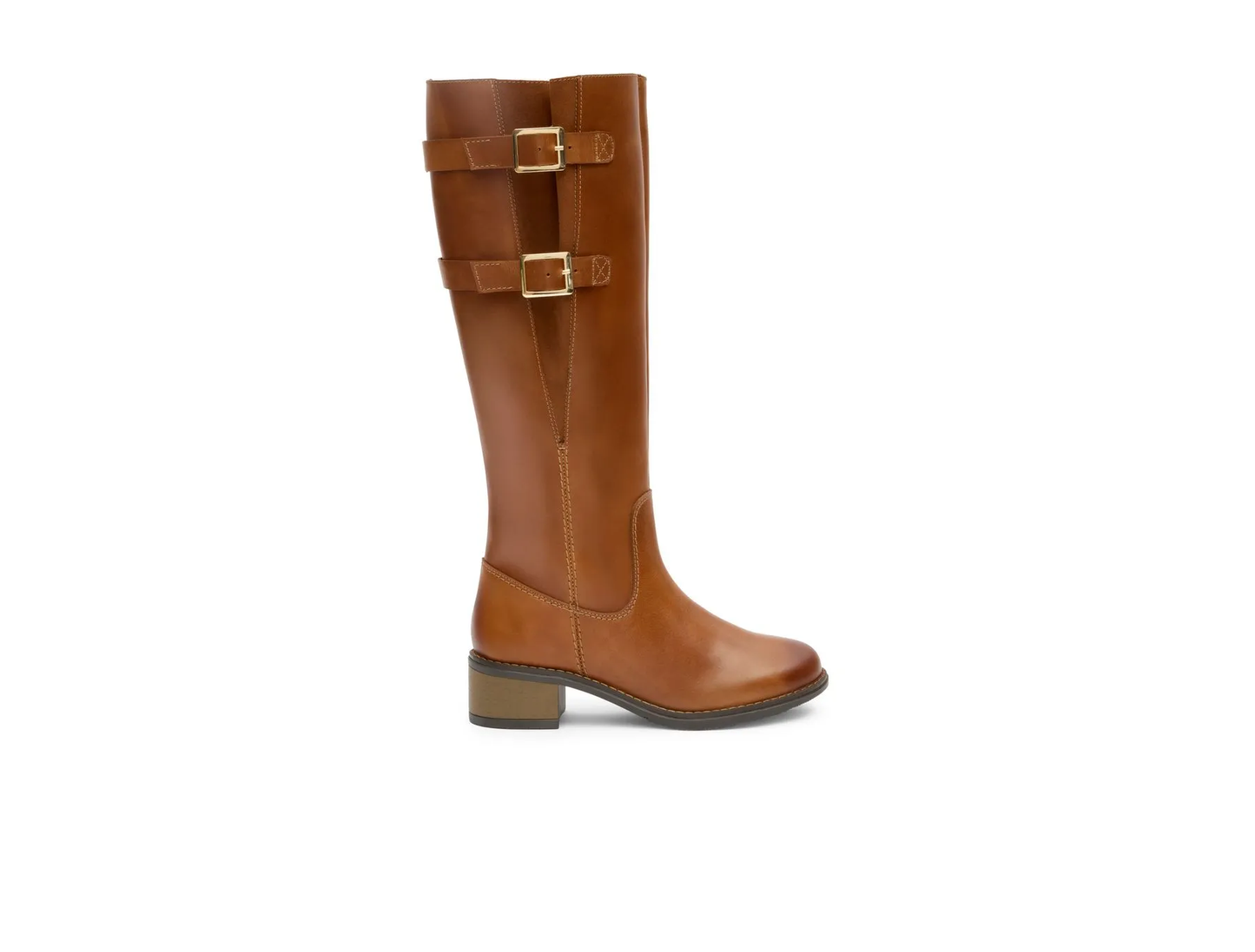 Women's Brown Leather Knee-High Boots – Gold Buckle Straps Block Heel Riding Boots