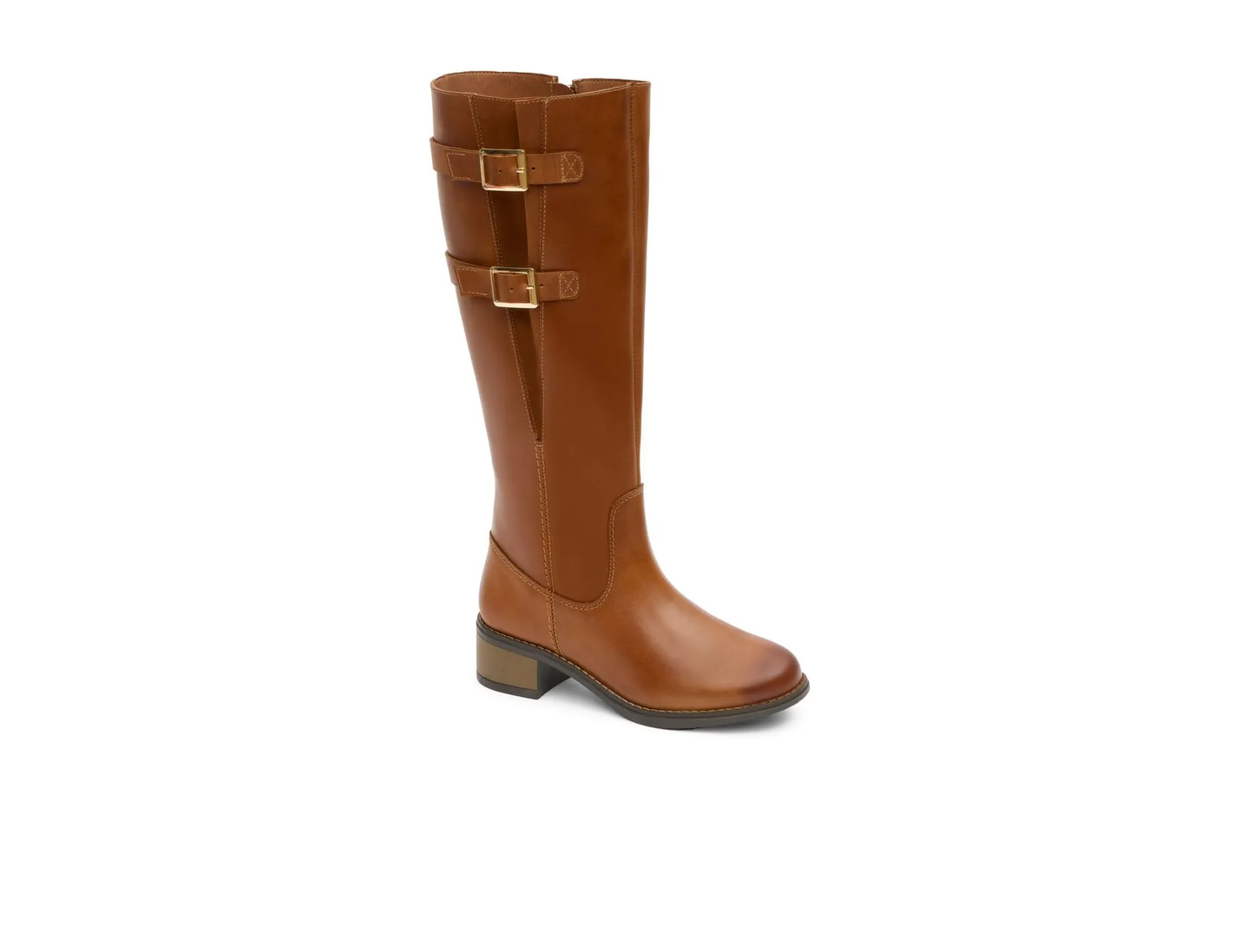 Women's Brown Leather Knee-High Boots – Gold Buckle Straps Block Heel Riding Boots