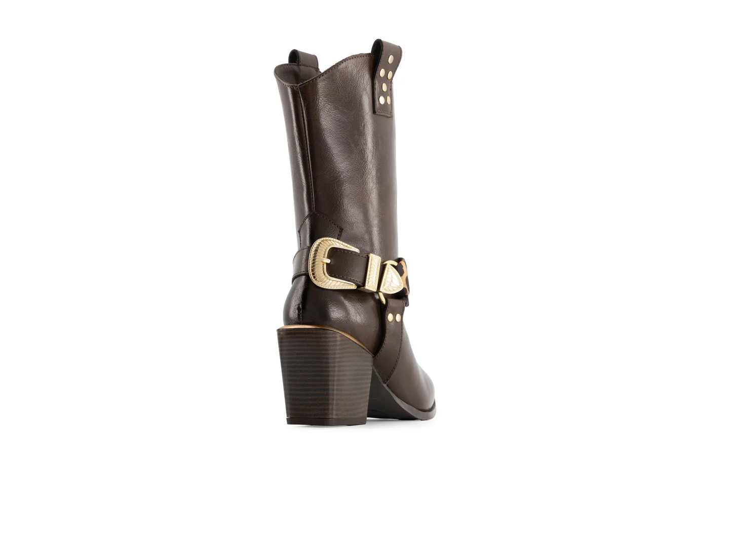 Women's Brown Western Block Heel Boots – Leopard Harness Gold Chain Pointed Toe Cowboy Booties