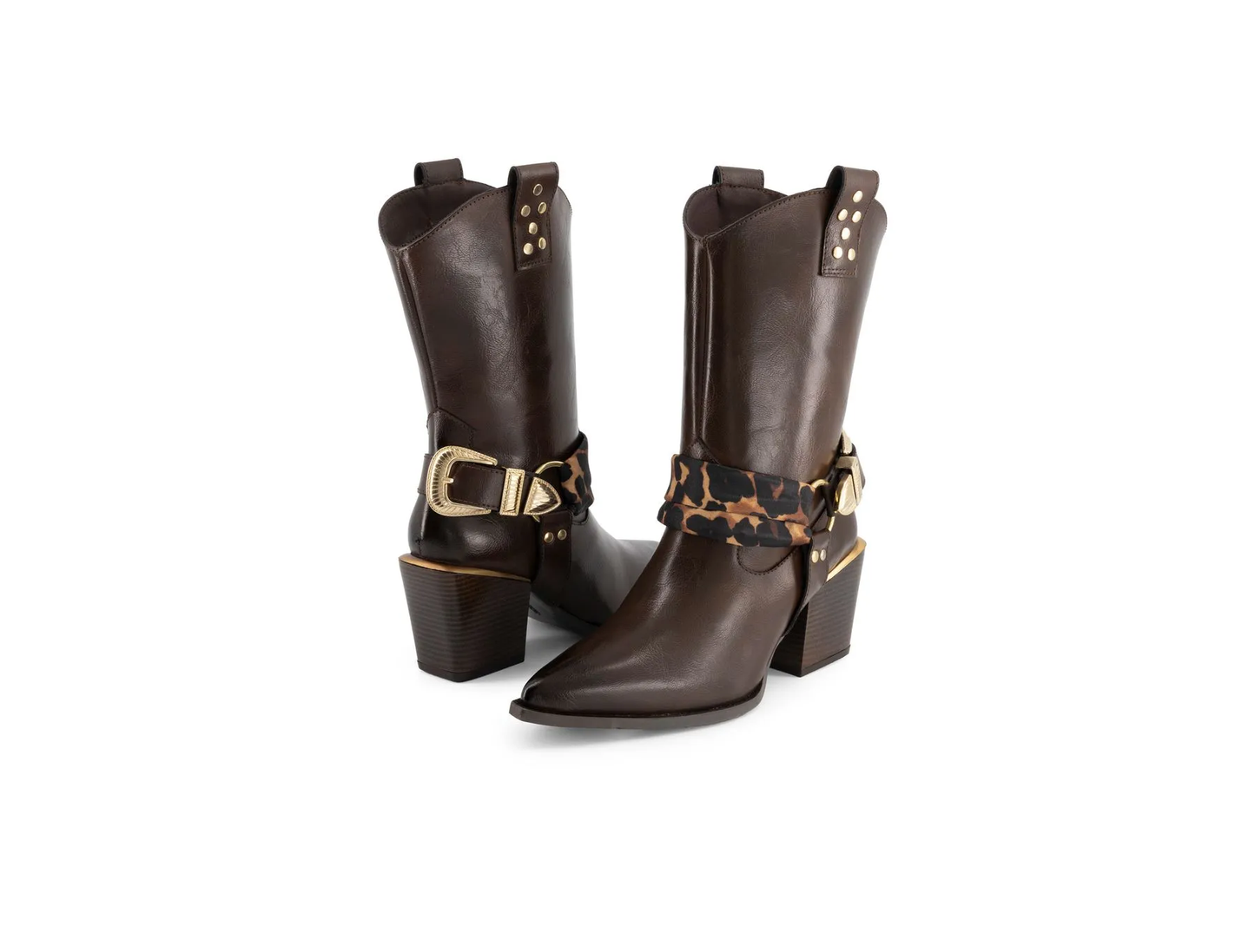 Women's Brown Western Block Heel Boots – Leopard Harness Gold Chain Pointed Toe Cowboy Booties