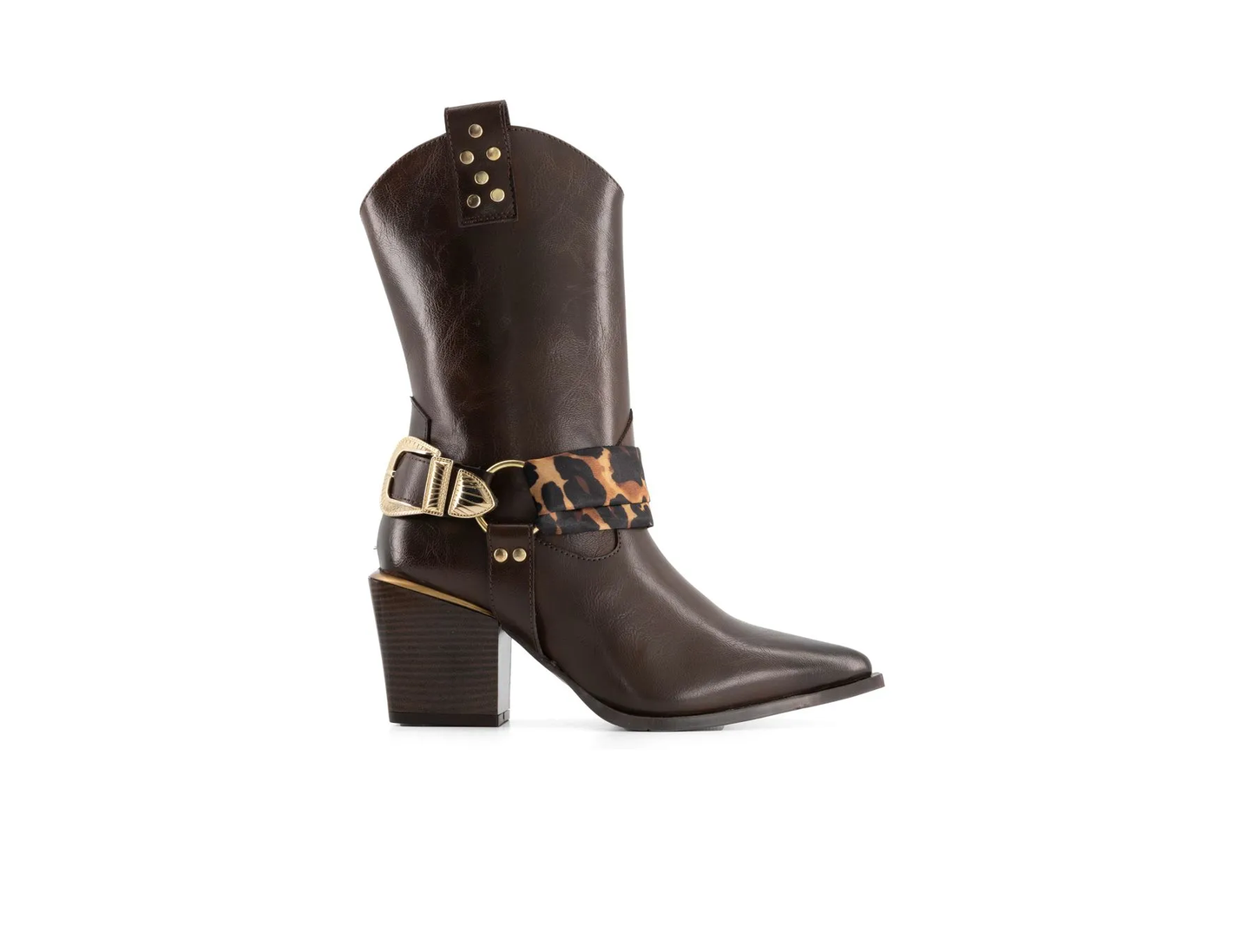 Women's Brown Western Block Heel Boots – Leopard Harness Gold Chain Pointed Toe Cowboy Booties