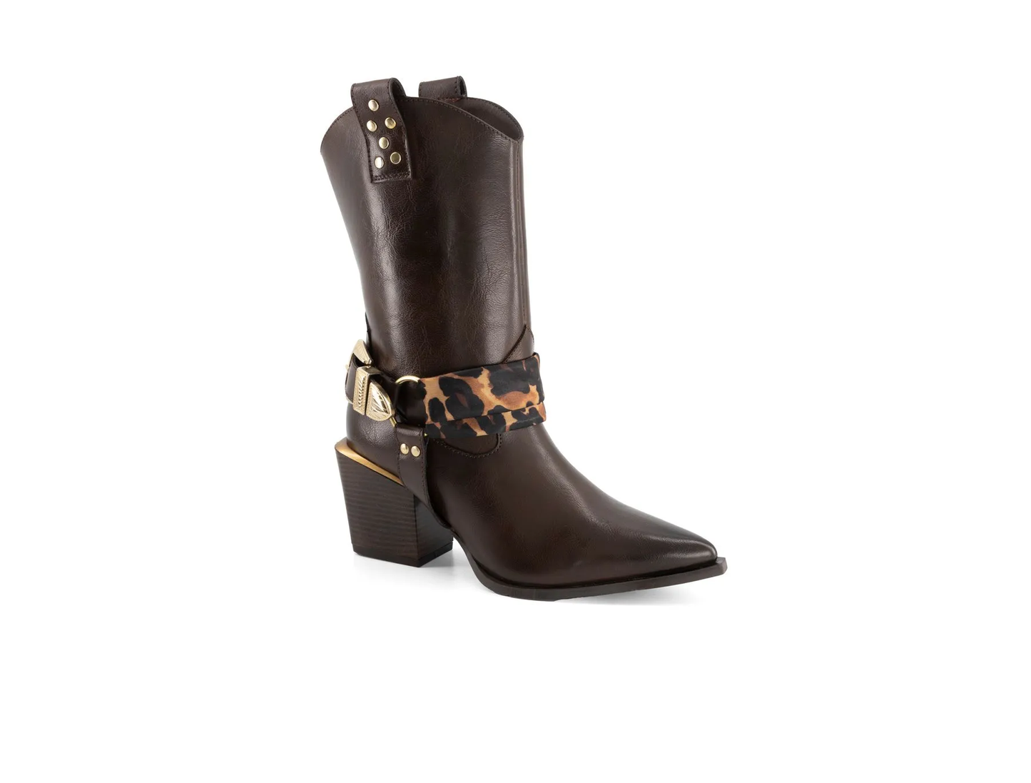 Women's Brown Western Block Heel Boots – Leopard Harness Gold Chain Pointed Toe Cowboy Booties