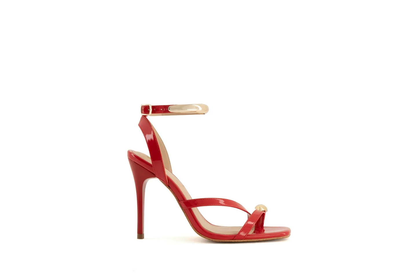Women’s Red High Heel Sandals – Square Toe Ankle Strap Stiletto with Metallic Accents