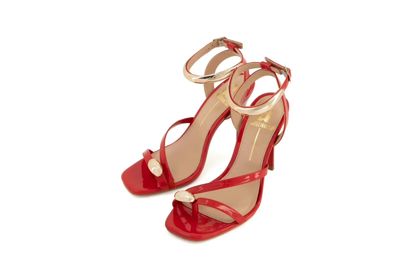 Women’s Red High Heel Sandals – Square Toe Ankle Strap Stiletto with Metallic Accents