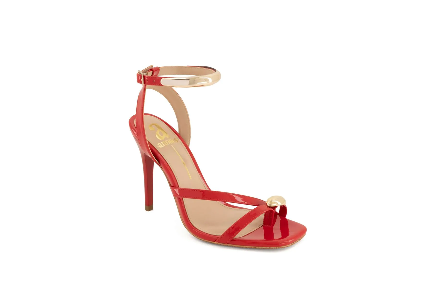 Women’s Red High Heel Sandals – Square Toe Ankle Strap Stiletto with Metallic Accents