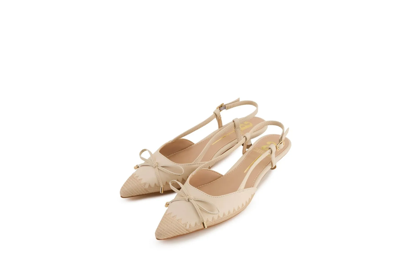 Women’s Beige Slingback Flats – Pointed Toe Woven Texture Low Kitten Heel