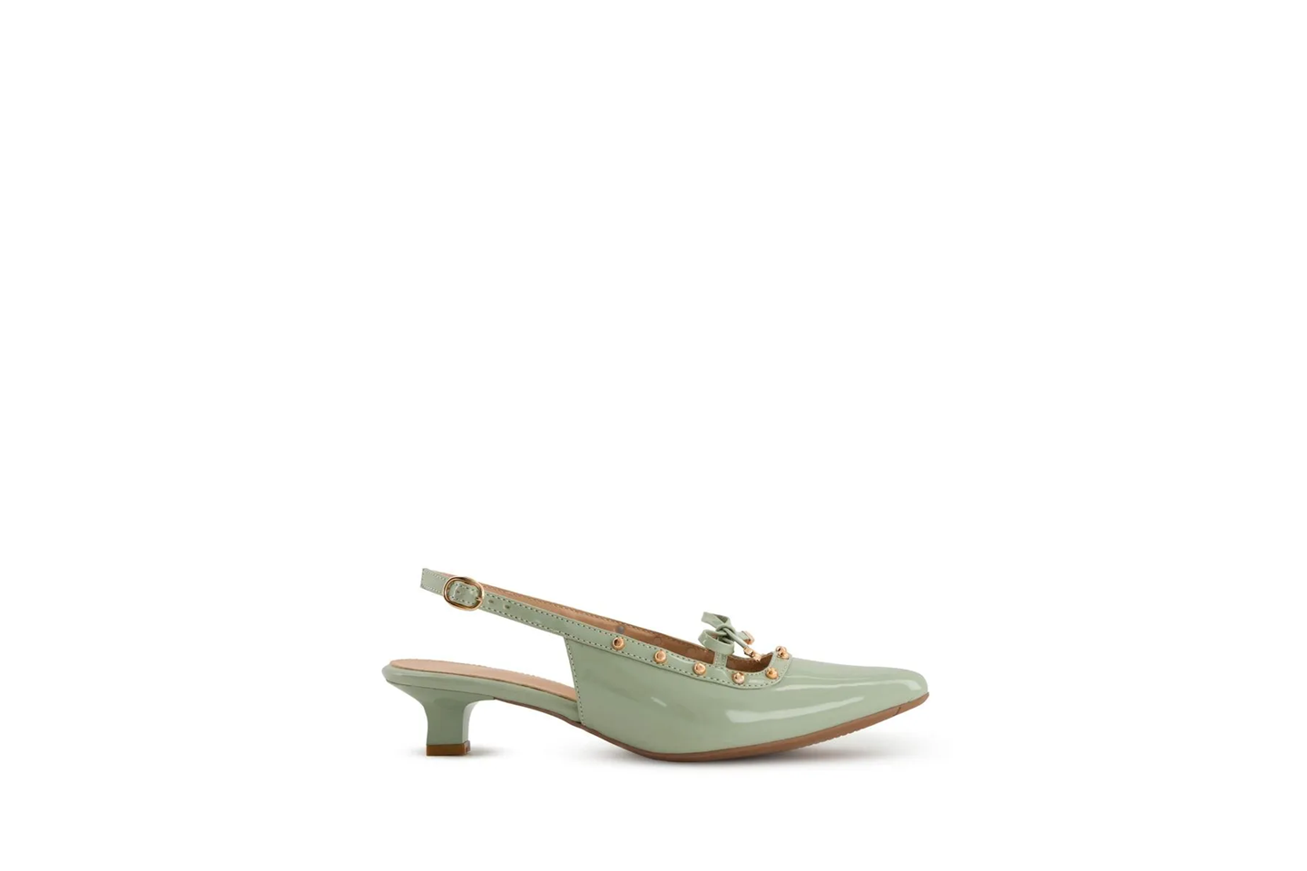 Women’s Green Slingback Heels – Pointed Toe Studded Low Kitten Heel