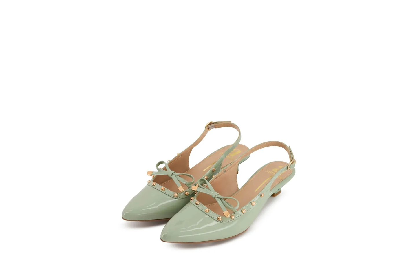 Women’s Green Slingback Heels – Pointed Toe Studded Low Kitten Heel