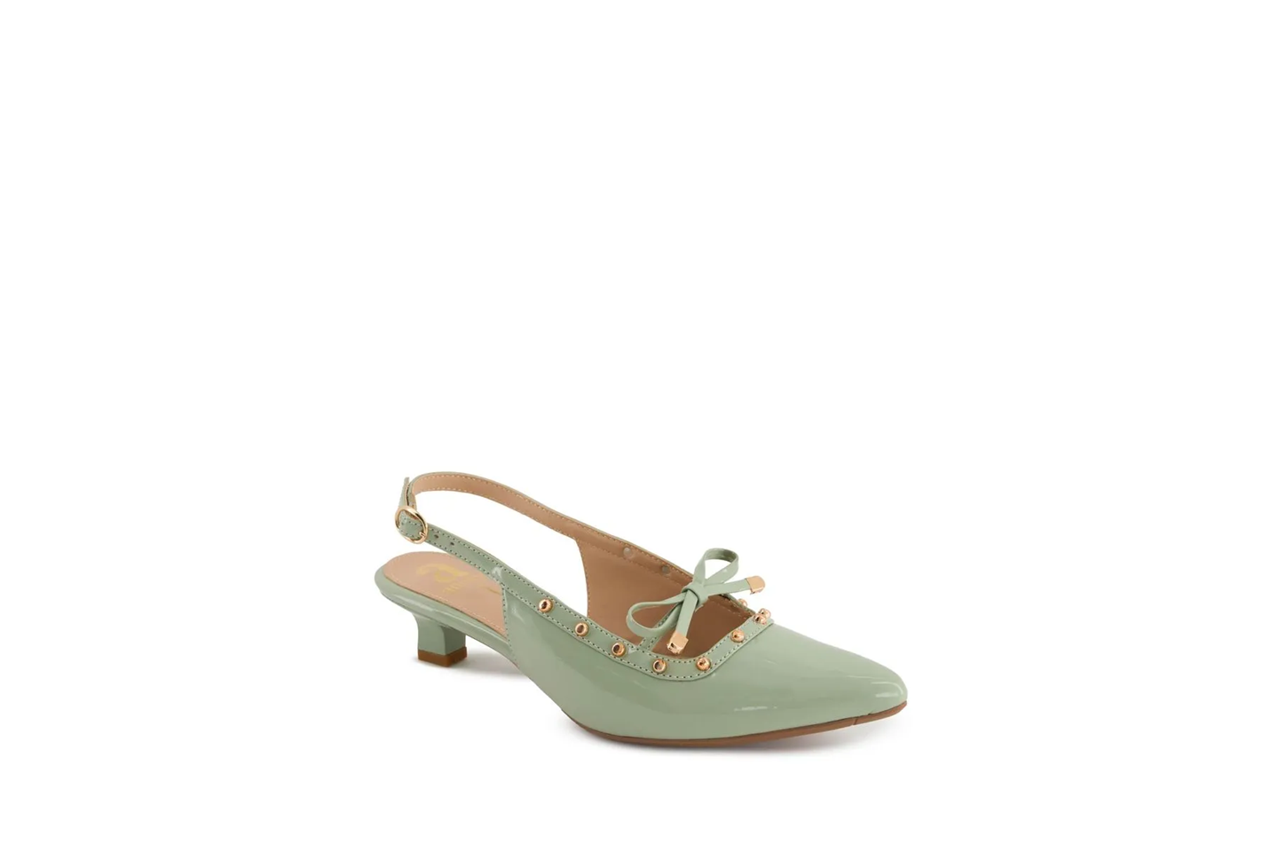 Women’s Green Slingback Heels – Pointed Toe Studded Low Kitten Heel
