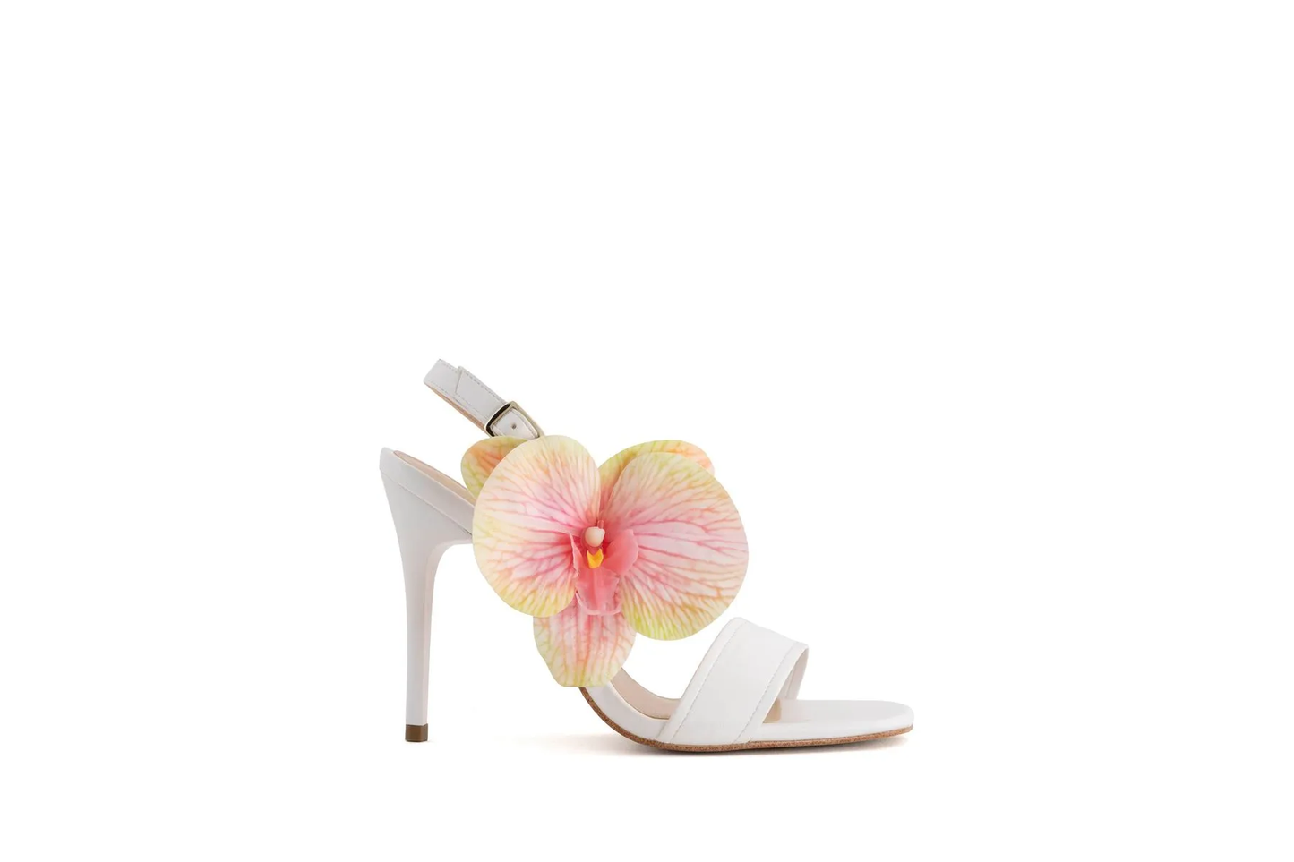 Women’s White Floral High Heel Sandals – Square Toe Ankle Strap Stiletto