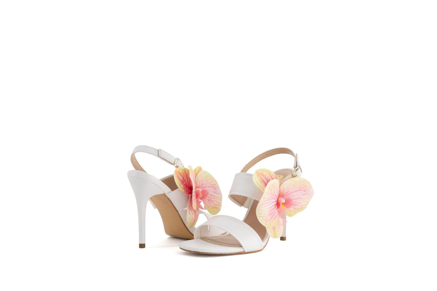 Women’s White Floral High Heel Sandals – Square Toe Ankle Strap Stiletto