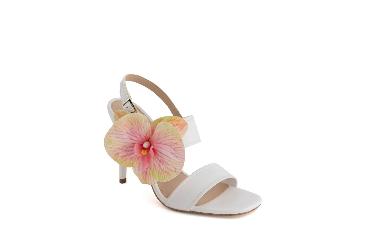 Women’s White Floral High Heel Sandals – Square Toe Ankle Strap Stiletto