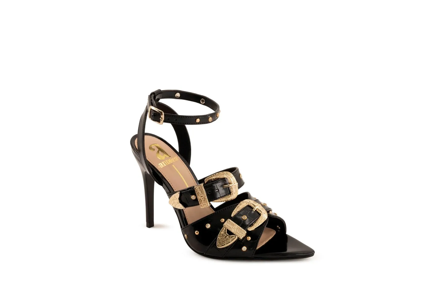 Women's Black Stiletto Heeled Sandals with Gold Western Buckles & Studs - Ankle Strap Dress Shoes