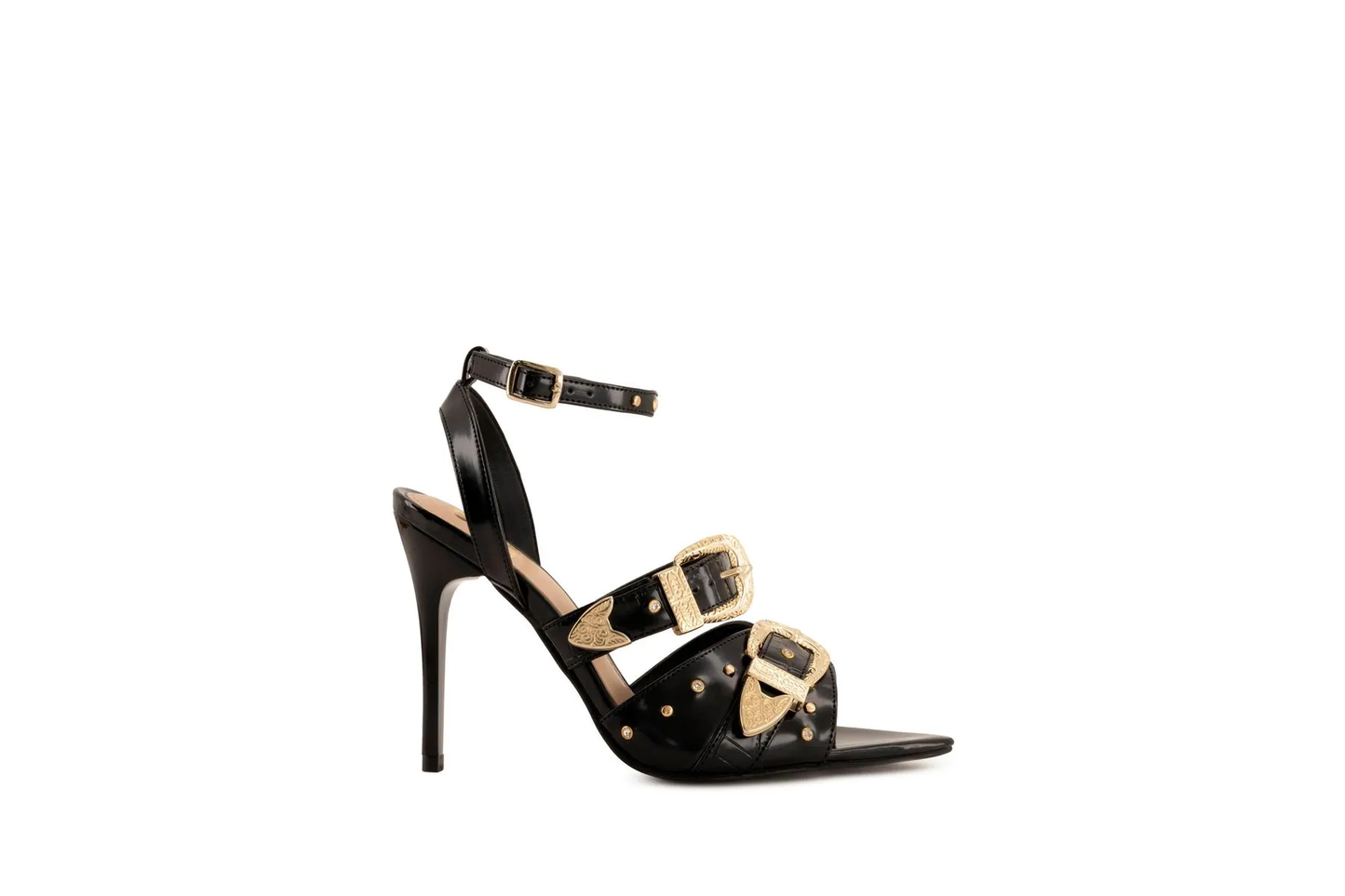 Women's Black Stiletto Heeled Sandals with Gold Western Buckles & Studs - Ankle Strap Dress Shoes