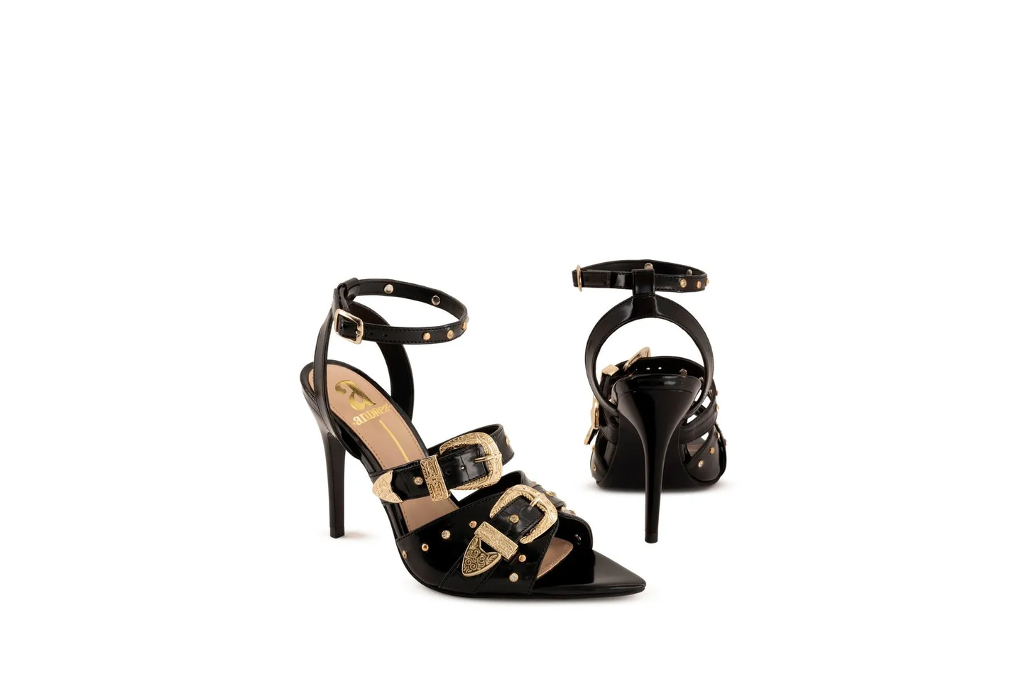 Women's Black Stiletto Heeled Sandals with Gold Western Buckles & Studs - Ankle Strap Dress Shoes