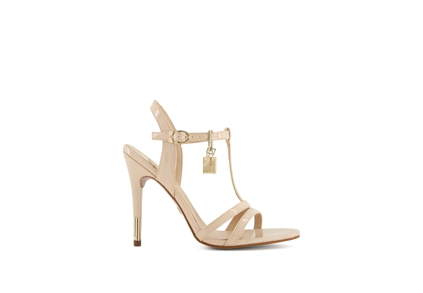 Women's Nude T-Strap Stiletto Heels – Gold Charm Ankle Strap Patent Dress Sandals