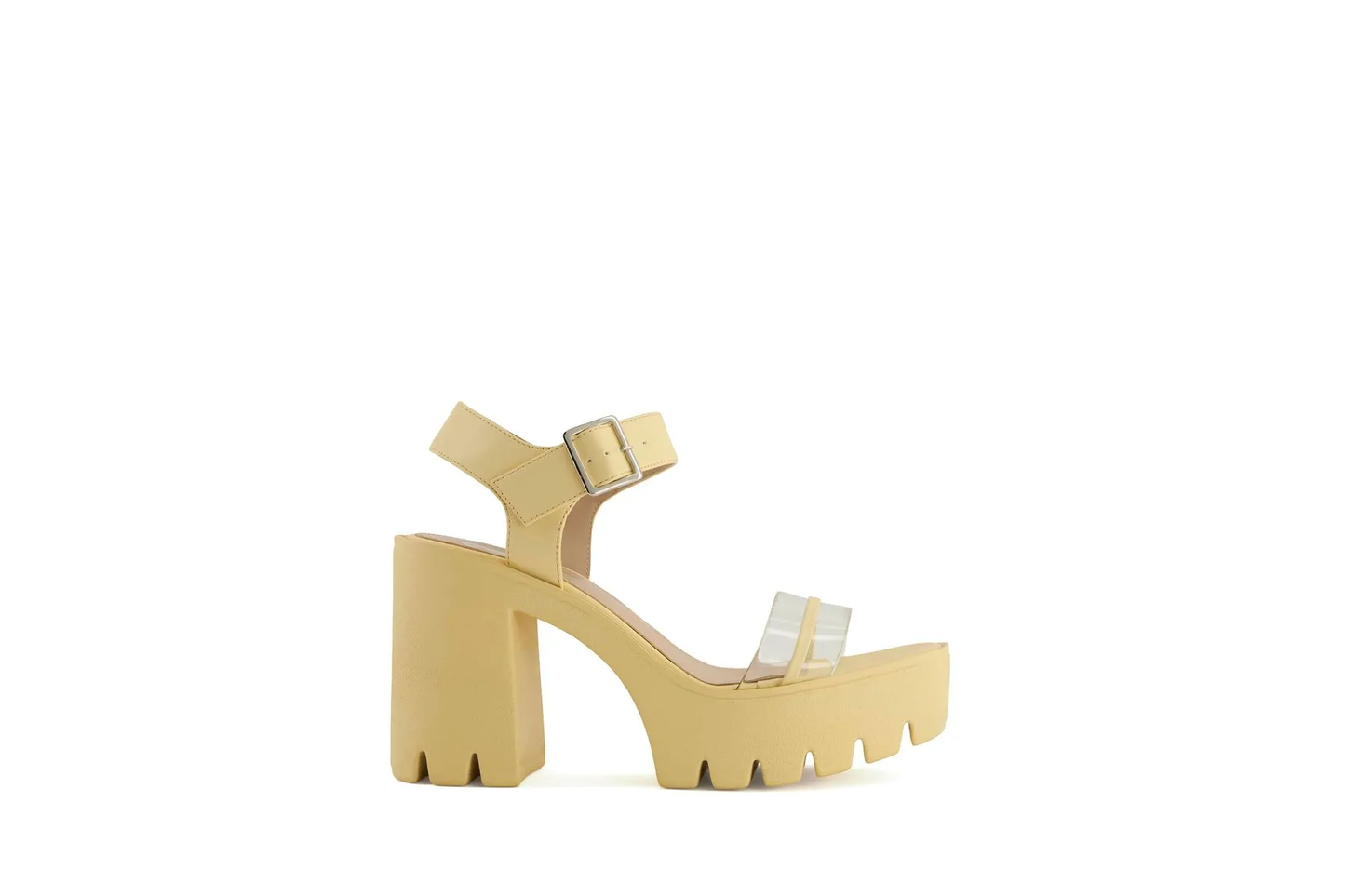 Women's Yellow Platform Block Heel Sandals – Clear Strap, Chunky Lug Sole, Ankle Buckle | Dress Party Heels