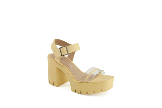 Women's Yellow Platform Block Heel Sandals – Clear Strap, Chunky Lug Sole, Ankle Buckle | Dress Party Heels