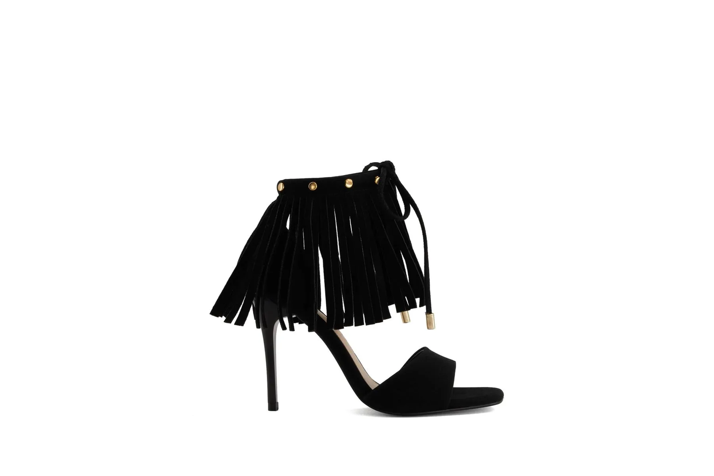 Andrea Women's Black Fringe Stiletto Heel Sandals – Lace-Up Square Toe