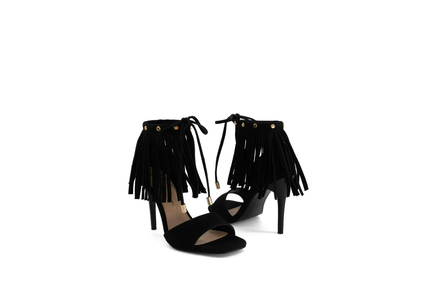Andrea Women's Black Fringe Stiletto Heel Sandals – Lace-Up Square Toe
