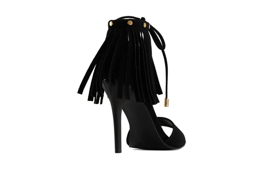 Andrea Women's Black Fringe Stiletto Heel Sandals – Lace-Up Square Toe