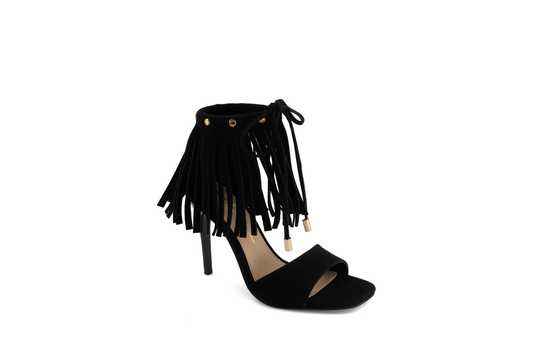 Andrea Women's Black Fringe Stiletto Heel Sandals – Lace-Up Square Toe