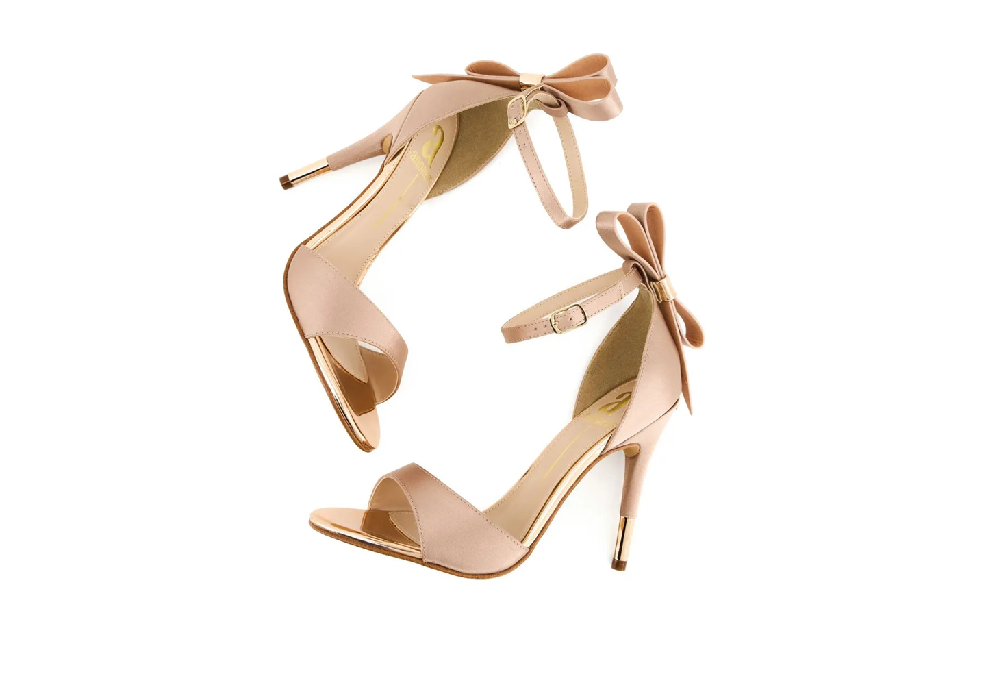 Women's Champagne Satin Bow Stiletto Heels – Gold Mirrored Toe Cap Ankle Strap Dress Sandals