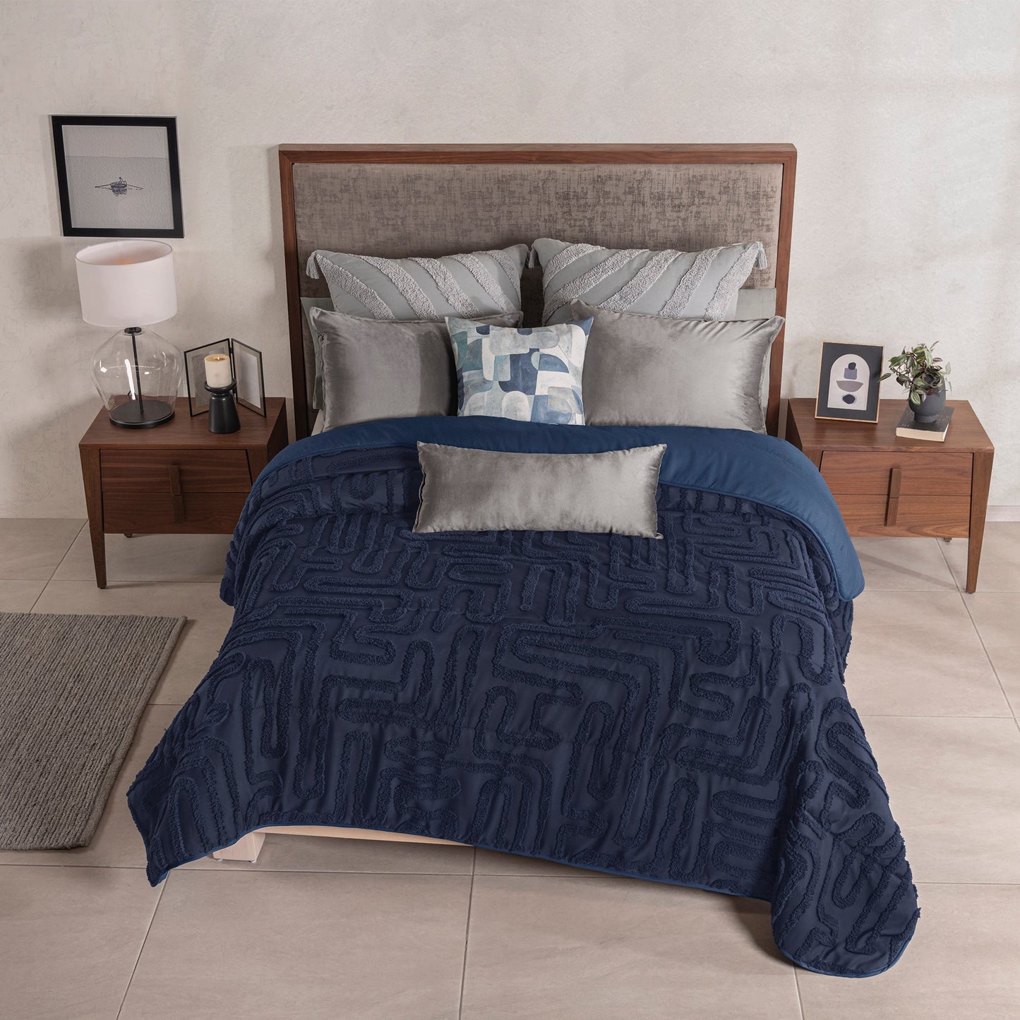 Vianney Budapest Navy Comforter Set with Velvet Cushion – Luxury Jacquard Bedding