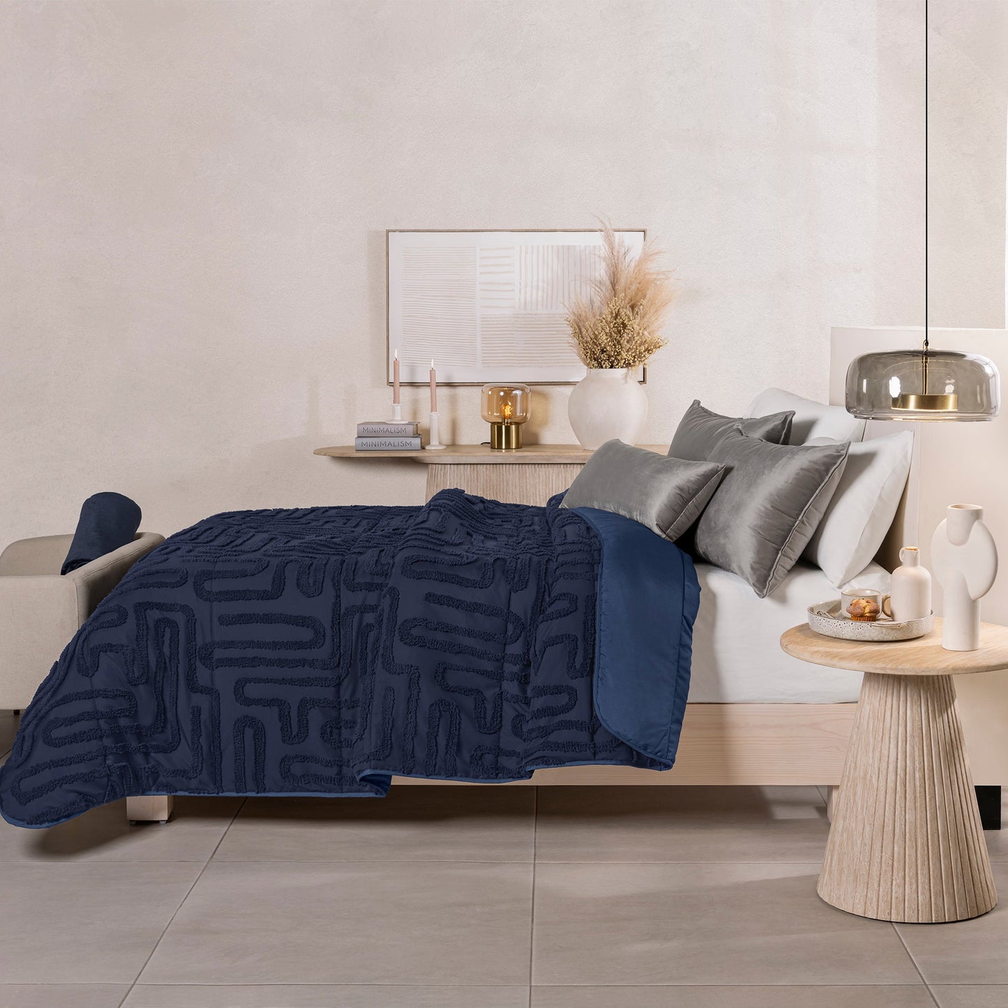 Vianney Budapest Navy Comforter Set with Velvet Cushion – Luxury Jacquard Bedding
