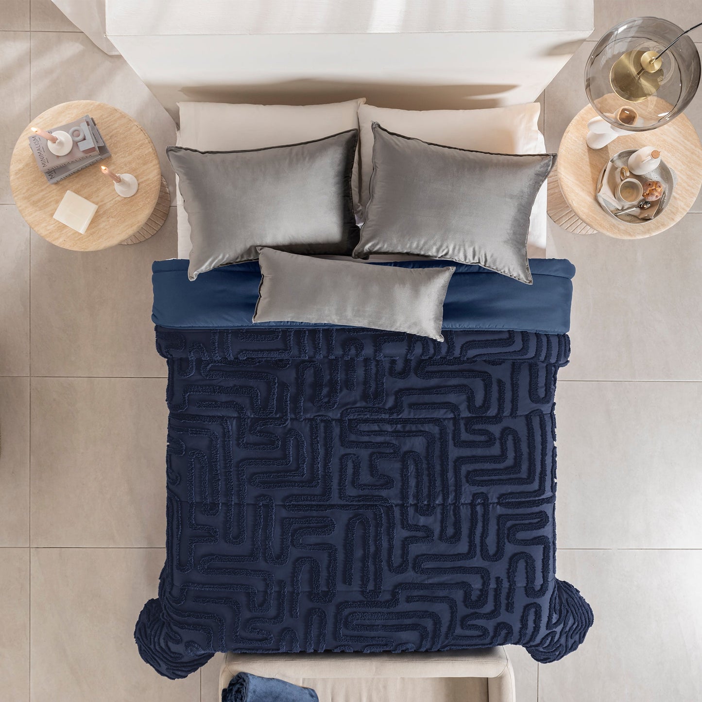 Vianney Budapest Navy Comforter Set with Velvet Cushion – Luxury Jacquard Bedding