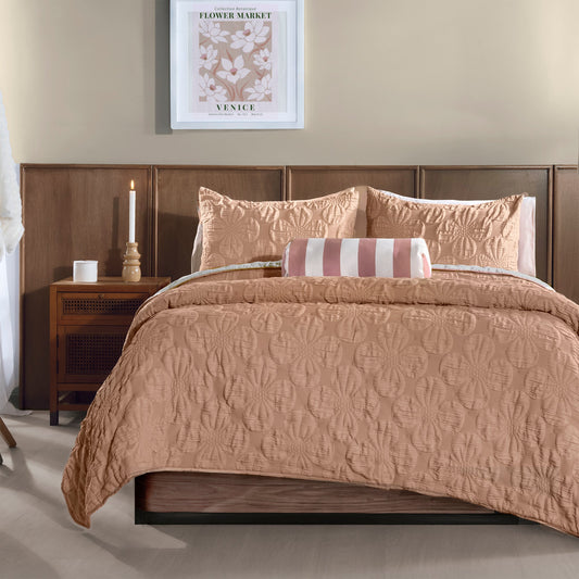 Copper Reversible Comforter Set | Embossed Floral | Twin Queen King
