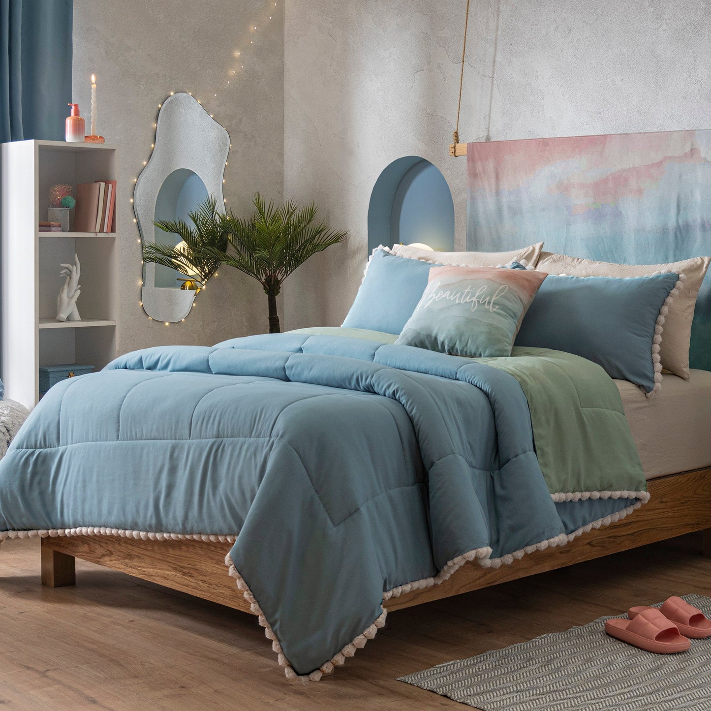 Vianney Blue Pom Pom Comforter Set – Soft Modern Bedroom Bedding