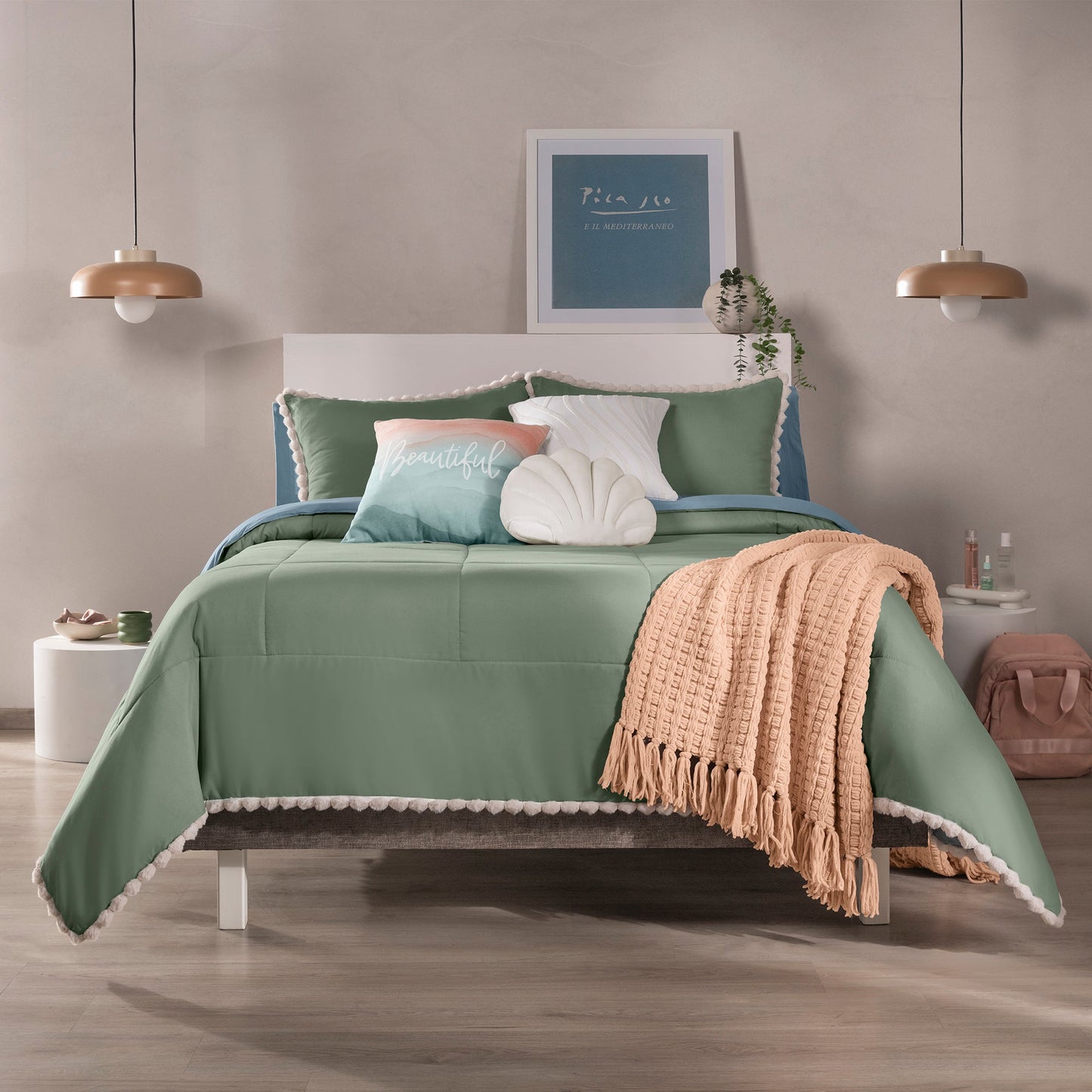 Vianney Blue Pom Pom Comforter Set – Soft Modern Bedroom Bedding