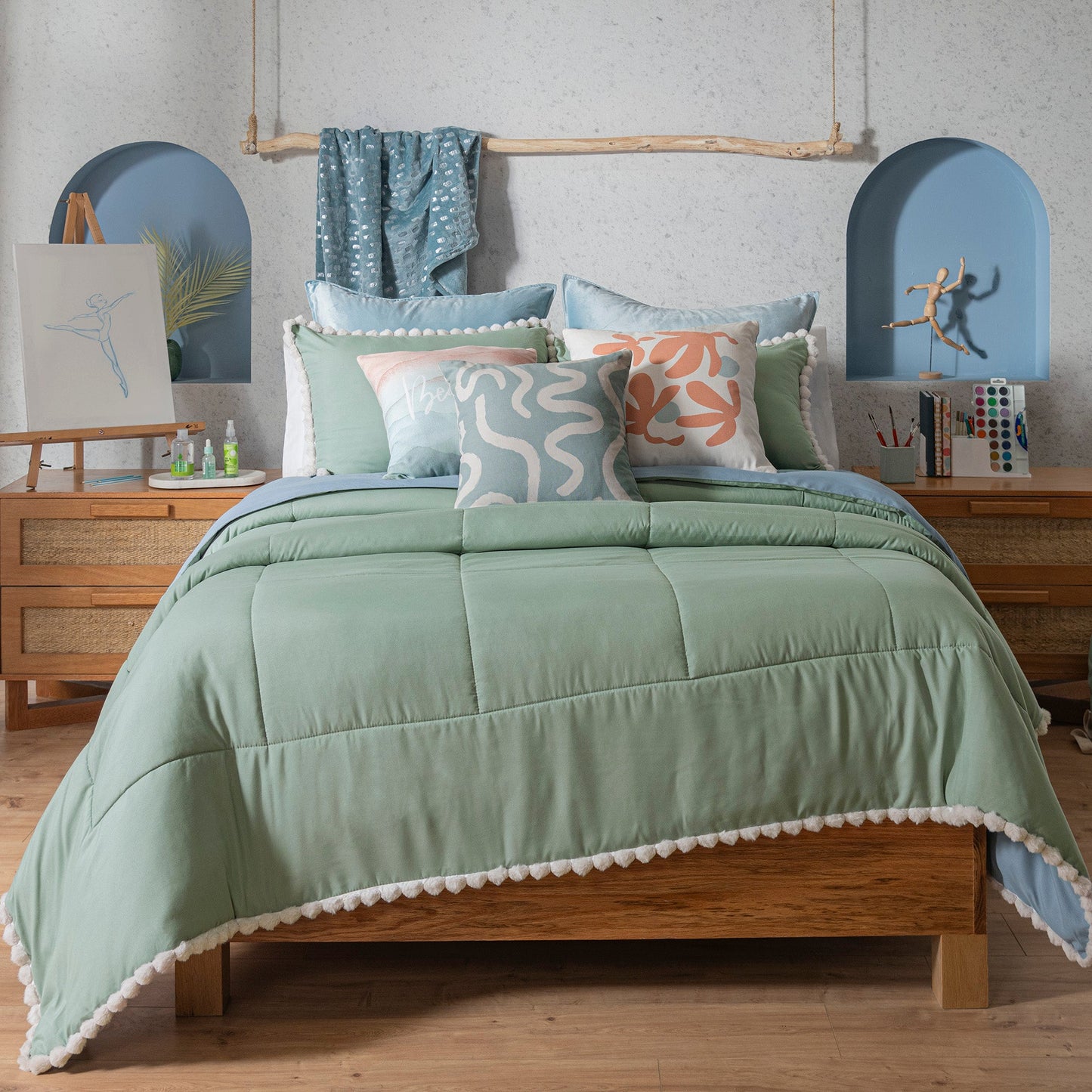Vianney Blue Pom Pom Comforter Set – Soft Modern Bedroom Bedding