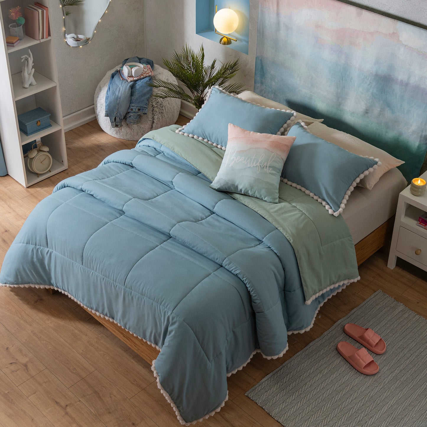 Vianney Blue Pom Pom Comforter Set – Soft Modern Bedroom Bedding