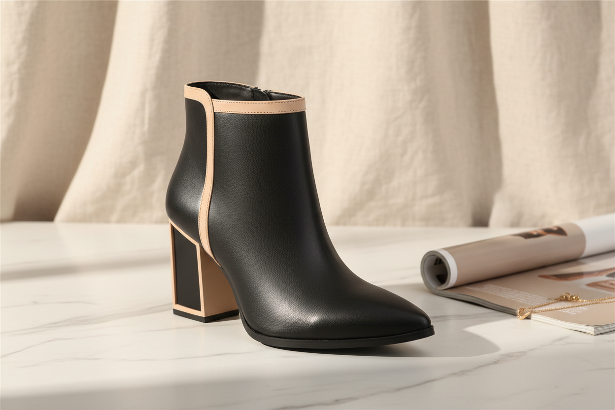 Andrea Modern Contrast Ankle Bootie - Black & Beige in elegant setting