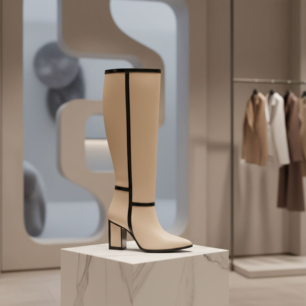 Beige Knee-High Boot with Background