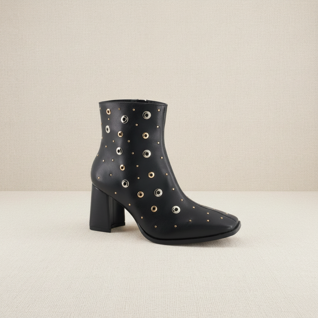 Black Studded Ankle Boot - Light Textured Background
