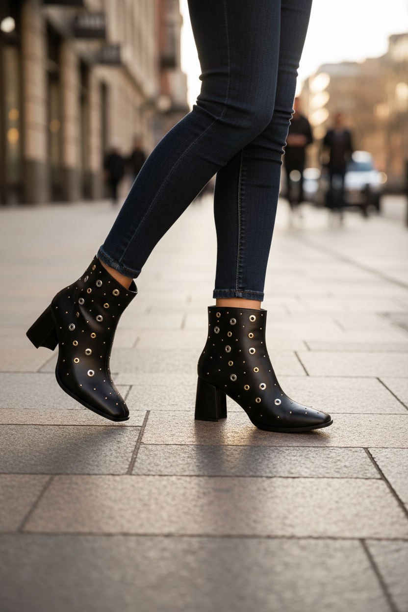 Black Studded Ankle Boot - On Foot