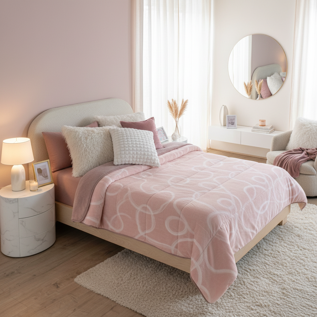 Blush Pink Blanket with White Textured Pillows in New Setting