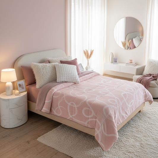 Blush Pink Blanket with White Textured Pillows in New Setting