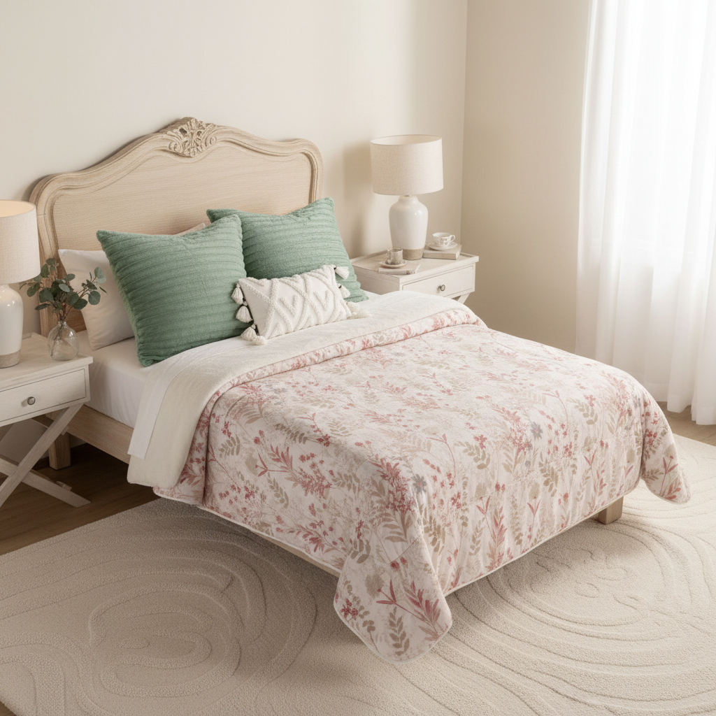 Floral Blanket with Sage Green Pillows in New Setting