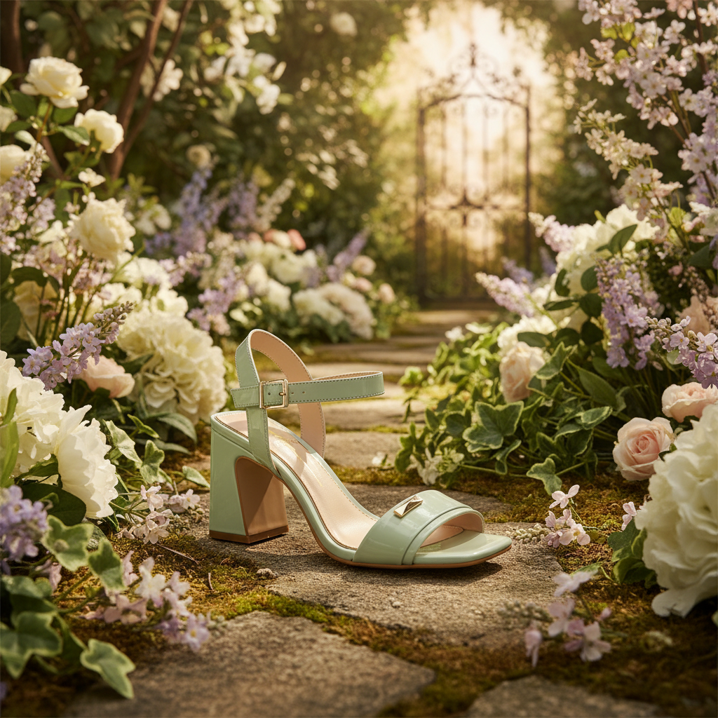 Mint Green Block Heel Sandals with Background