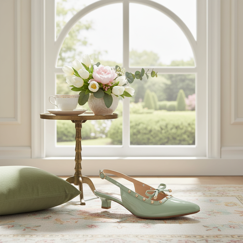 Mint Green Patent Slingback Heels with Background