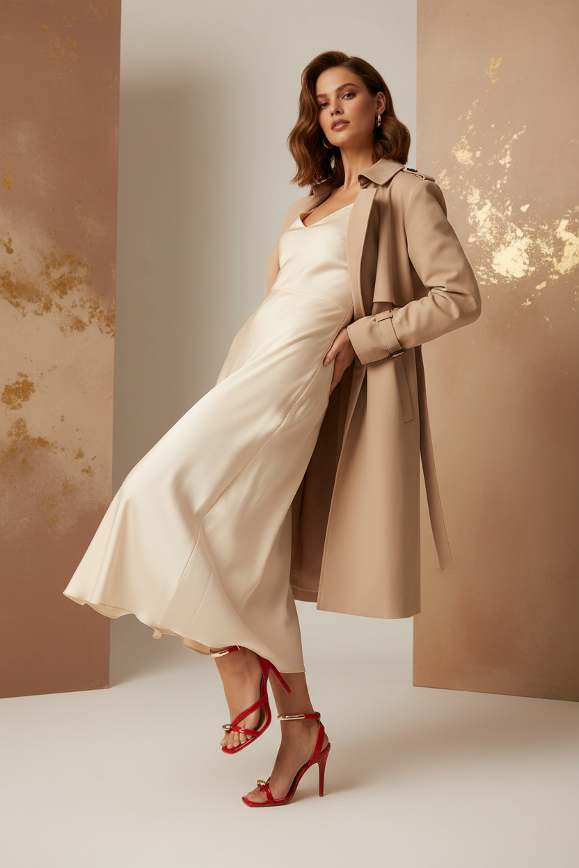 Model wearing red heels with a full outfit