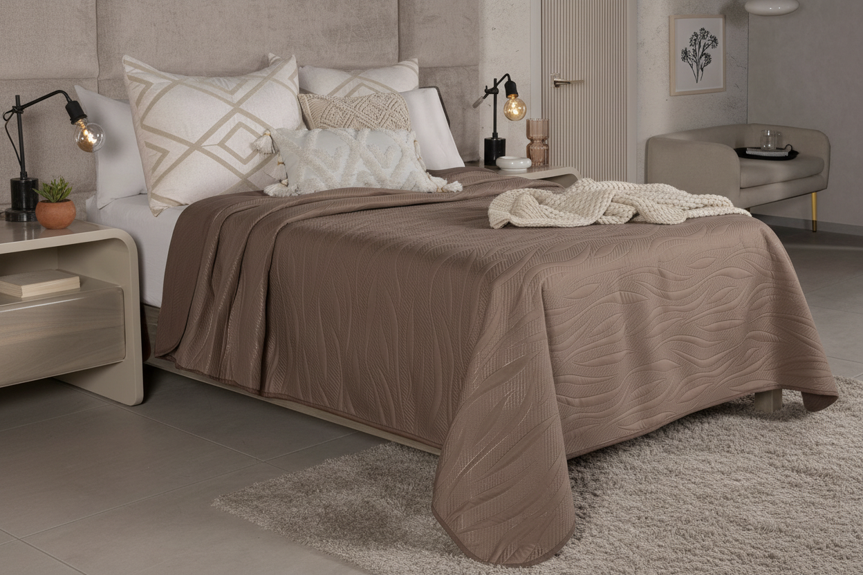 Novo Coffee Comforter in warm, cozy bedroom setting