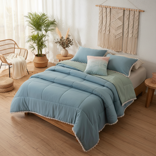Sage Blue Bedding Set in Modern Boho Setting